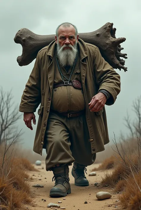 A big fat old man carrying a giant bone on his back