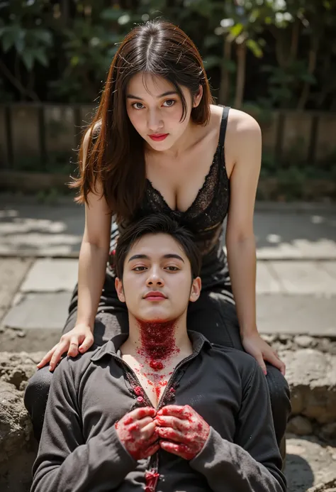 Woman kill male, Woman cut throat male, Woman knife, Woman kebaya bali Indonesia, blood flowed freely down Male neck, black hair, male neck spurted out a lot of blood, male full face mask, a male, male hoodie, handsome male, Woman Slaughter male