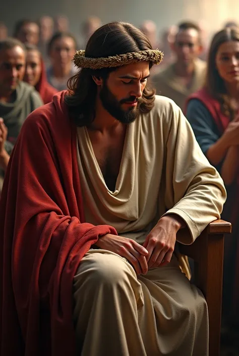 Create a hyper-ultra-realistic image of Jesus Christ 
Sitting  , and surrounded by crowds of poor women, thieves, inmates ,Prostitutes , orphans ,  single mothers , And hungry people are Jesus Christ comforting them