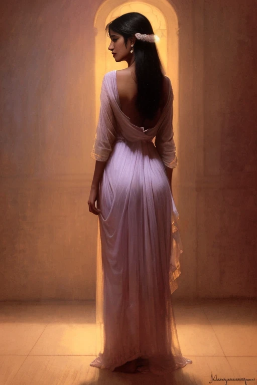 Indian woman, slender, wearing nightgown, from behind, fantasy art, concept art, delicate features, feminine, Chiaroscuro lighting, sunset, lavender light, (style of howard chandler christy:1.0), ( sketch by jean-joseph benjamin-constant:1.3)
