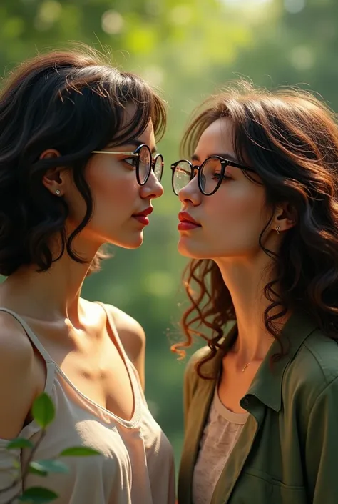 A young woman with medium short hair with glasses and another young woman with long curly hair. 