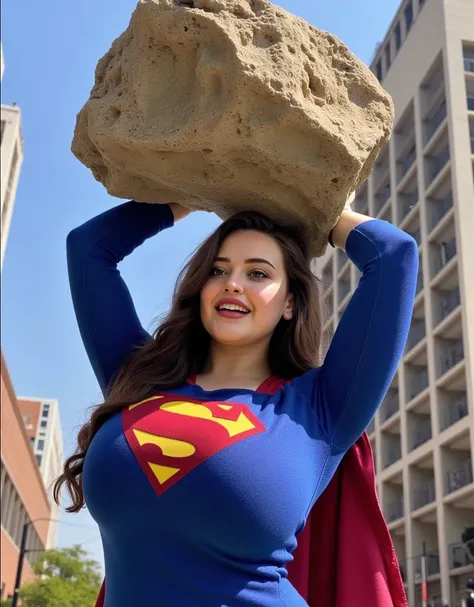 Katherine langford vestida de supergirl,  big boobs, The outfit has a deep neckline , smiling,  she is lifting a giant rock with one of her arms above her head, in a city setting , She is wearing the Supergirl costume