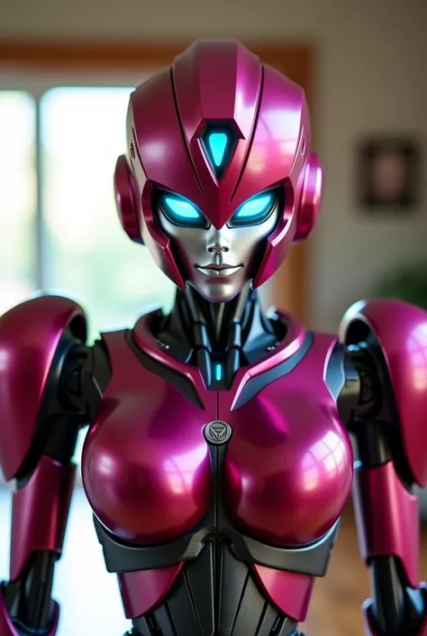  Arcee the autobot from transformers in the family room. Looking at and standing up super close to the camera like a selfie 
Arcee metallic robot  face
Deep dark pink metallic autobot body 
Small cute smile
Massive even robot  breasts
Beautiful human like ...