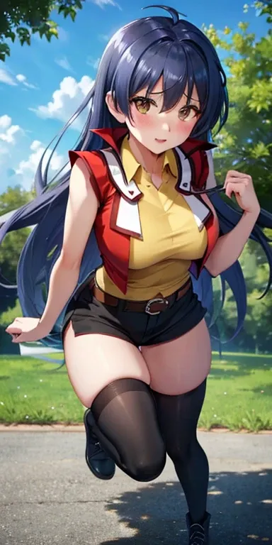   1 female,  High Definition,  High resolution,ultrarealistic,8K, Mmm,   long hair,  red,  collared shirt,   yellow shirt  ,   sleeveless,   belt,   black shorts  ,  tall black stockings ,black boots, big breasts ,European,sexy,  Close-up of the upper tors...