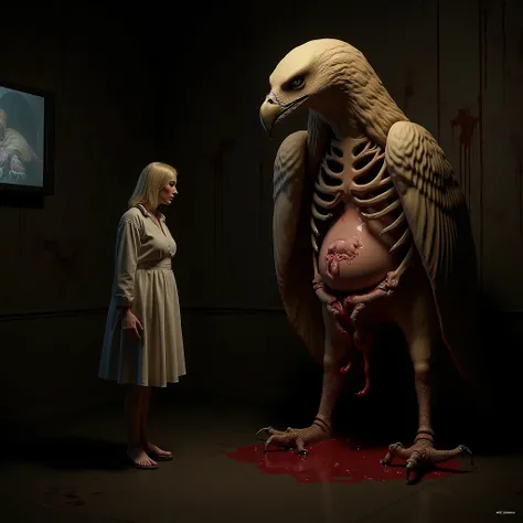 "(the best lighting,  high contrast , dark, dramatic),(Blonde woman next to a giant jelly eagle, Open the rib cage, fetus, autopsy, human bones, blood on the walls), tv on . Light Caravaggio"