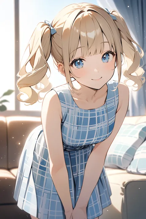  watercolor happy pictures  ( medium ), pastel color,  cute 1 girl , Blonde, ( curly twin tails ), blunt bangs,  blue eyes, (Checked dress:1.2),  lean forward,  waves,  warm living room, Teen, Light Particles, Morning side light , masterpiece,  top quality...