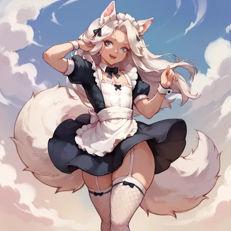 Single boy, Anime Femboy, Short, Long white hair, wolf ears, wolf tail, blue eyes, flat chest, super flat chest, solo femboy, only one femboy, wide hips, thicc thighs, happy, big fluffy wolf tail, is a boy, one boy, solo, alone, (SOLO)(ALONE), squishy thig...