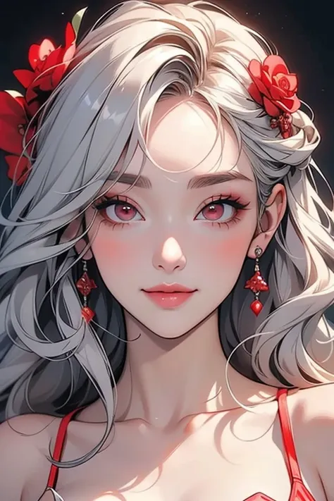 ( top quality , masterpiece:1.2),  high res, 最高masterpiece、 very detailed,  realistic:1.37, fantasy,  illustration, gray hair、  red eyes、 queen , White and red swimsuit、 beautiful、 eyeshadow red、 thick eyebrows、 has long eyelashes、生徒は黒people、Lips are gloss...