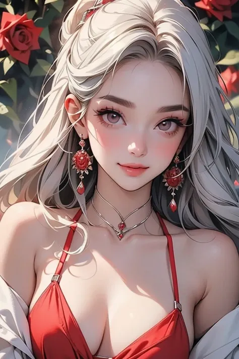 ( top quality , masterpiece:1.2),  high res, 最高masterpiece、 very detailed,  realistic:1.37, fantasy,  illustration, gray hair、  red eyes、 queen , White and red swimsuit、 beautiful、 eyeshadow red、 thick eyebrows、 has long eyelashes、生徒は黒people、Lips are gloss...