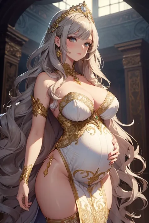 8k, masterpiece, very realistic, Full body, Sexy pregnant princess, very slim waist, big thighs, elaborate detailed ornate tight beautiful silver and gold dress, (long wavy flowing brown hair), elaborate detailed patterned white stockings, (curved back 1.4...