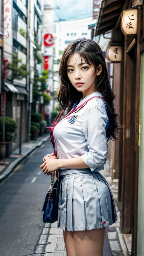 a beautiful 18 year old Japanese high school girl with perfect anatomy, healthy thighs, beautiful legs, beautiful skin, random hair color and style, large breasts, (wearing a Japanese schoolgirl uniform:1.3), (she is standing:1.2), penny loafers, holding a...