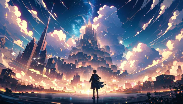   anime style ,     dark haired man 、whole body、   見たことのないscenery   、 background 、hope、courage、Willpower     、Strength、scenery、city、dream、heart、for a moment 、light、smile、hand、Sparkle、world、    starry sky    、promise、future、wind、cloud、Scenery
ラウンド比率backgrou...