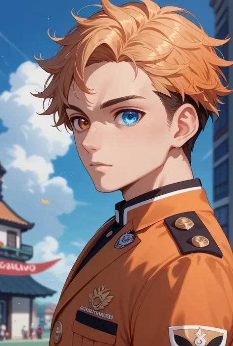 haikyu,  long-haired boy , white, collected,  round eyes with heterochromia , one blue eye and the other gray , OMEGA,low,  with black and orange uniform  (Karasuno),  with the number 11 in the background with a court