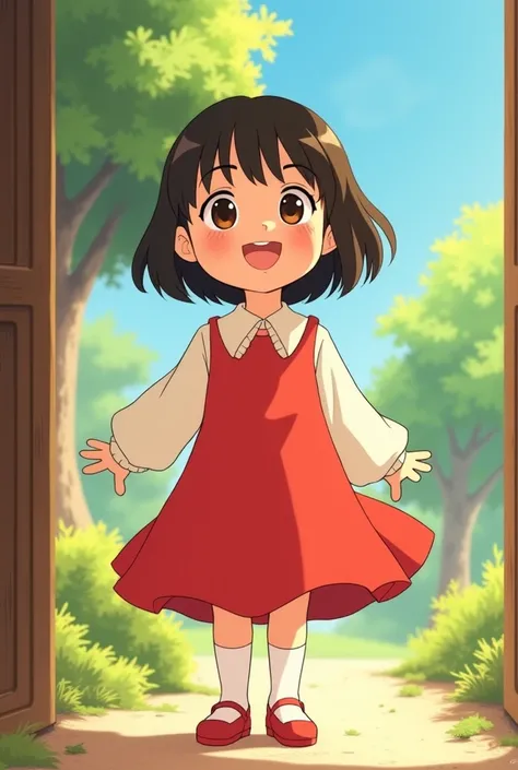 Create a Studio Ghibli-style 2D animation of a three-year-old  with short black hair and brown eyes wearing a red dress with a white collar, long sleeves, white socks and red shoe, smiling.
