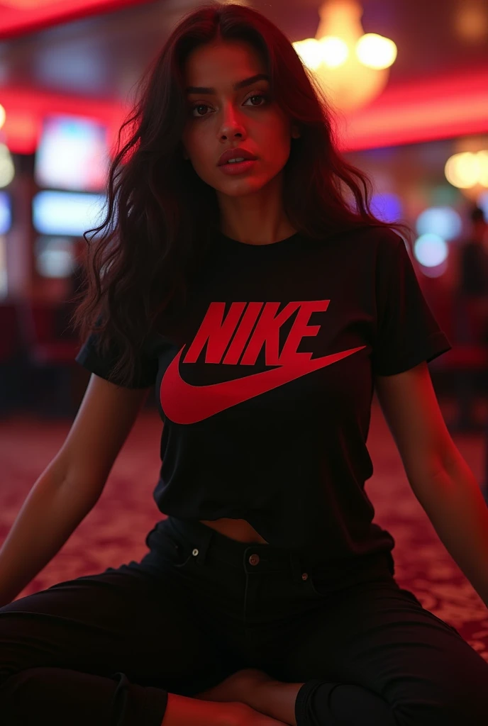 Une jeune marocaine brune aux cheveux longs veut faire une fellation en portant un t-shirt Nike noir gros logo et un pantalon décontracté Nike noir décontracté assorti, elle est à quatre pattes, elle a les tétons qui pointent, elle a le visage rempli de se...