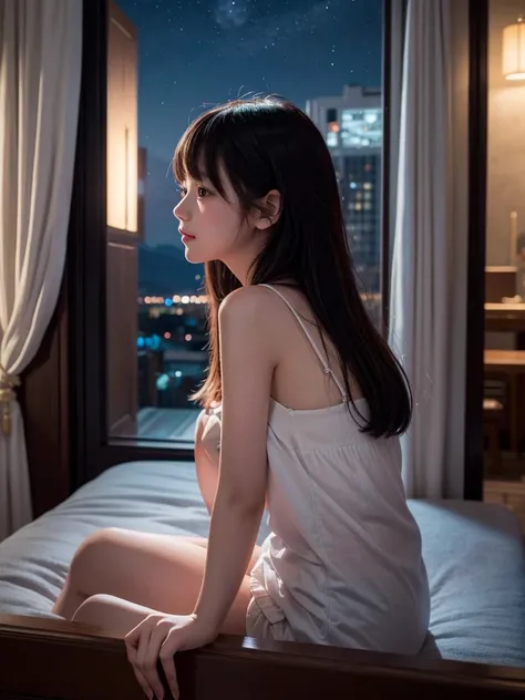  creates a picture of a LOFI girl on a YouTube thumbnail 、Moonlit Night Lights 、（ looking at the atmospheric cityscape from the apartment veranda：1.5）、profile、 black hair long、 beauty, gentle smile、{{{masterpiece}}}, {{{best quality}}}, {{ultra-detailed}},...