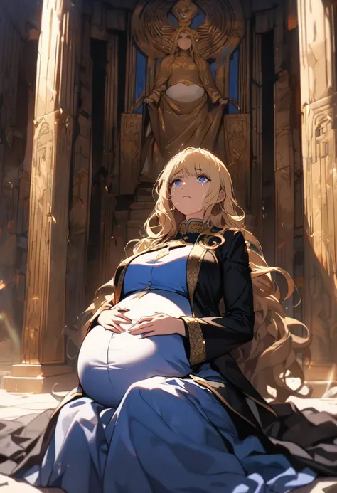 (  masterpieces at the front door of the house  ,  top quality:1.2),  1 girl ,  milf, mature woman,  wavy blond hair , Pregnant woman kneeling ,  blue eyes, (((Luxurious blue monk uniform framed with gold))), Fantasy Saints , (((Im in tears and Im filled w...