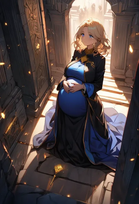 (  masterpieces at the front door of the house  ,  top quality:1.2),  1 girl ,  milf, mature woman,  wavy blond hair , Pregnant woman kneeling ,  blue eyes, (((Luxurious blue monk uniform framed with gold))), Fantasy Saints , (((Im in tears and Im filled w...