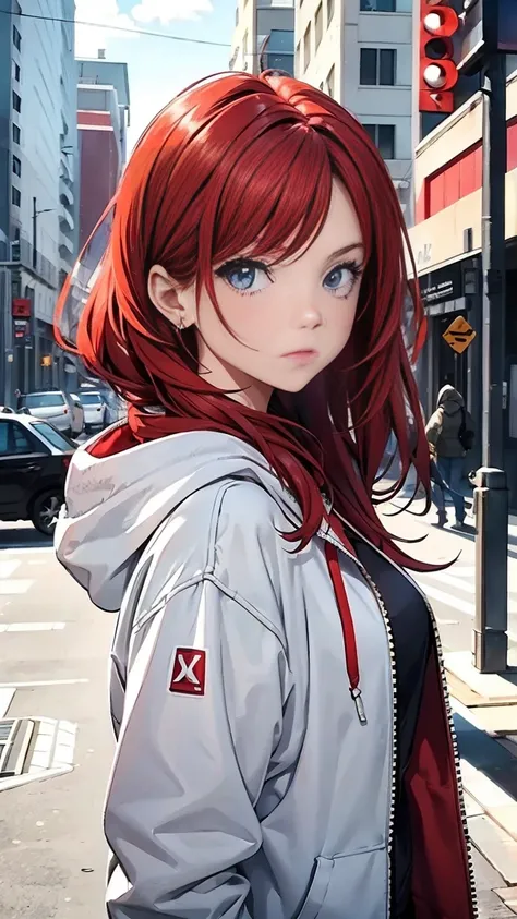  red hair　 shortcuts　 beautiful girl　Around town　Strong Will　look　  white hoodie 　 from your hand and direct your gaze,  from your hand and direct your gaze, Trim Marks,  frowns,  open your mouth slightly, Slanted Eyes, 