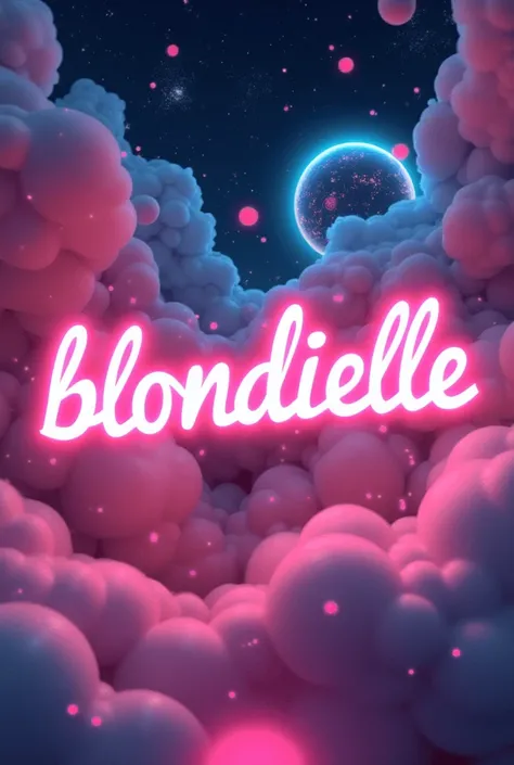 The name Blondiiile on a fantastic background the font should be in the colors pink white neon