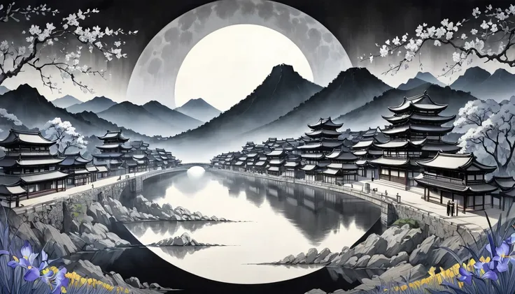  MONOCHROME , Pencil drawing, Ink painting, Ink painting, Japanese painting, Woodblock print,  Fusion of Watercolor and Oil Paintings ,  Fusion of Paper Cutting and Shadow Painting 、The Moon Illuminates the Ancient City 。 Scenery。Classical art, Iris Effect...