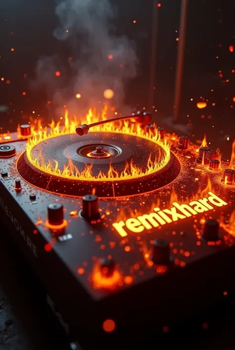 "REMIXHARD" scritto davanti ad un giradischi da dj infuocato