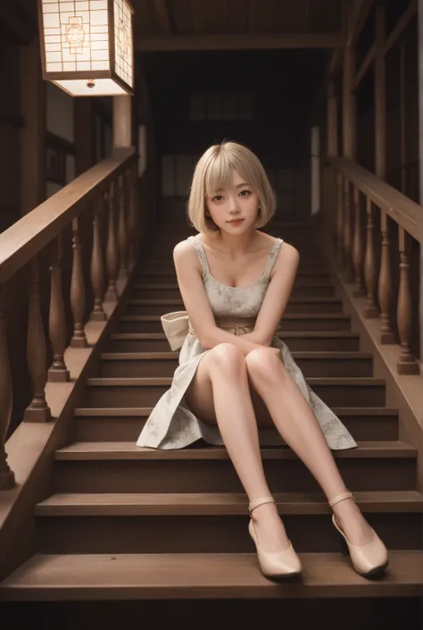 whole body　A very cute 20-year-old young woman from Japan, sitting in the middle of the historic stone staircase of Sannenzaka in Kyoto. She is posed in a relaxed style, with her knees bent outward, leaning forward slightly, and her arms resting casually b...