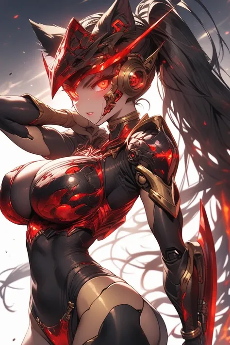  Female Robot ,  holding a sword , gold metallic skin,  wearing dark blue bikini armor, Cat ears,  skinhead,  red glowing eyes , Robot Face,  Robot Joints ,  big breasts,  Slim waist, Small Ass