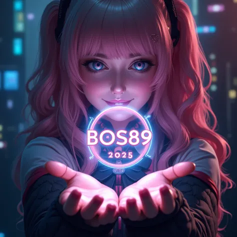 A futuristic 3D hologram of a shiny logo on the palm of a person,The logo says "BOS89 SLOT GACOR 2025.", vibrant colors , High-tech atmosphere ,detailed hands, sci-fi aesthetic ,(happy,smile), soft lighting ., The scene is realistic and beautiful , highlig...