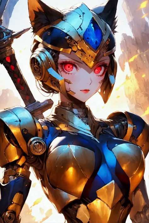  Female Robot ,  holding a sword , gold metallic skin,  wearing dark blue bikini armor, Cat ears,  skinhead,  red glowing eyes , Robot Face,  Robot Joints ,  big breasts,  Slim waist, Small Ass