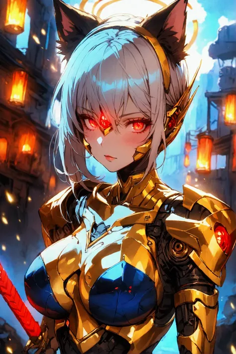  Female Robot ,  holding a sword , gold metallic skin,  wearing dark blue bikini armor, Cat ears,  skinhead,  red glowing eyes , Robot Face,  Robot Joints ,  big breasts,  Slim waist, Small Ass