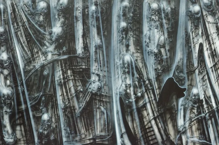 g1g3r, Giger_style, The image is a detailed view of H.R. Gigers " NYC " plate, featuring a complex network of bones and constructions.
 The image depicts a dense, vertical arrangement of skeletal figures and faces, tightly packed and interconnected. The ov...