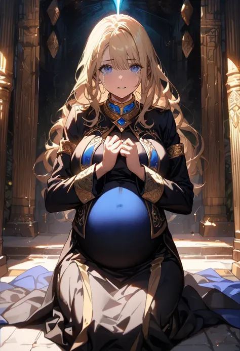 (  masterpieces at the front door of the house  ,  top quality:1.2),  1 girl ,  milf, mature woman,  wavy blond hair , (Pregnant woman kneeling ),  blue eyes, (((Luxurious blue monk uniform framed with gold))), (((A fantasy big-breasted saint))), (((Im in ...