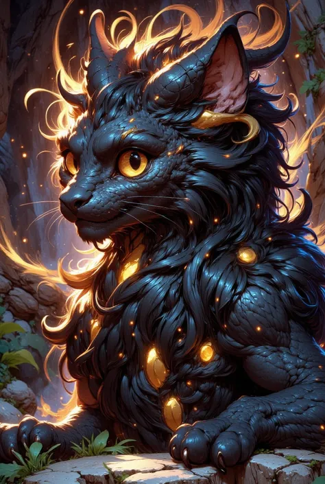 combines the characteristics of a cat and dragon. gaint, It has a connection with the three elements of earth, air and fire. fantasy setting, 8k, uhd, masterpiece, detailed. Black fur with golden parts on head, neck and paws. Fluffy, long fur