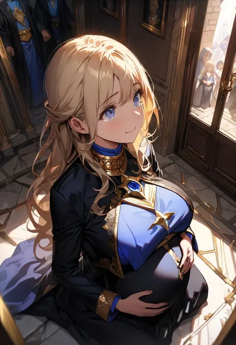 (  masterpieces at the front door of the house  ,  top quality:1.2),  1 girl ,  milf, mature woman,  wavy blond hair , (Pregnant woman kneeling ),  blue eyes, (((Luxurious blue monk uniform framed with gold))), (((A fantasy big-breasted saint))), (((Im in ...