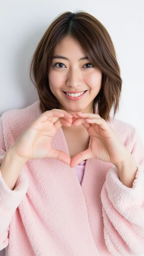     high res、 Wear fluffy off-shoulder pajamas with a cute smile and use both hands in front of your chest to make a big heart pose