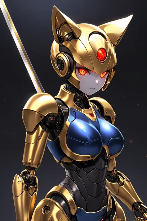  Female Robot ,  holding a sword , gold metallic skin,  wearing dark blue bikini armor, Cat ears,  skinhead,  red glowing eyes , Robot Face,  Robot Joints ,  big breasts,  Slim waist, Small Ass