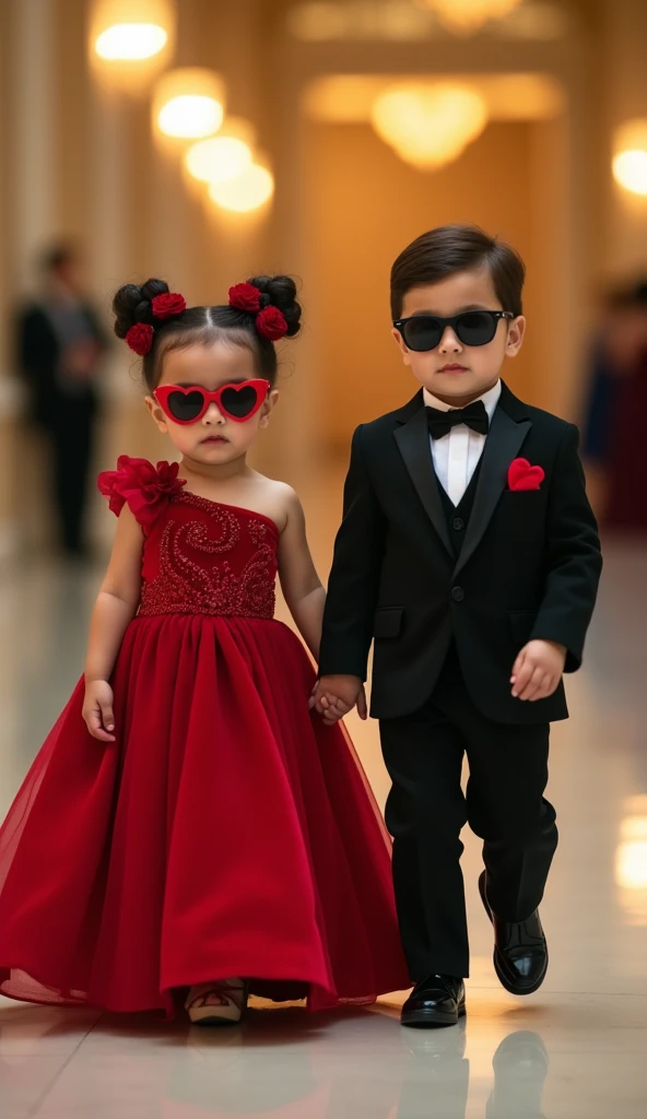 An elegant and whimsical scene featuring two young babies walking confidently in a luxurious and well-lit setting, resembling a grand ballroom or a high-end event hall. The  wears a stunning, one-shoulder red velvet ball gown with intricate detailing and a...