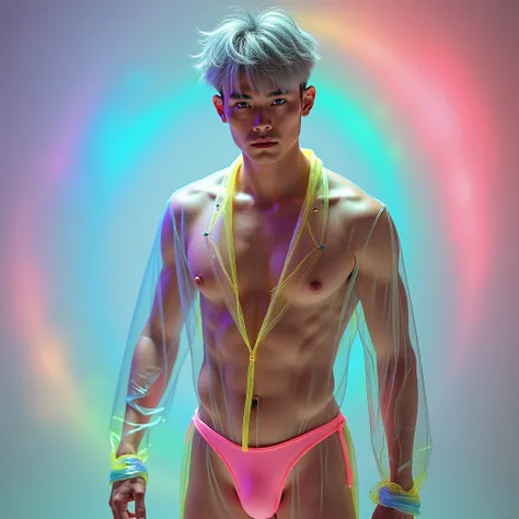 live-action, surreal,photograph, super high image quality,Handsome Japanese man in his 20s wearing transparent rainbow-colored transparent bikini pants and bodysuit made of very transparent, very thin organza material that sticks to the skin when wet and p...