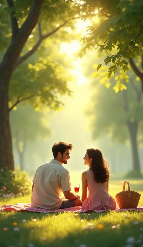 A couple sitting on a picnic blanket with soft sunlight filtering through trees, laughing and enjoying the day