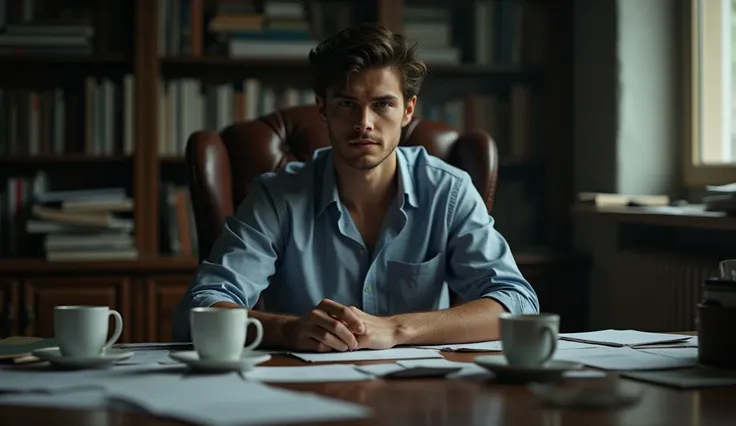 A 20-year-old man sits at the desk of a successful loser looking at the camera