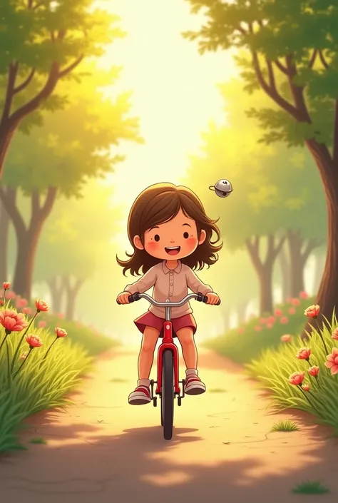 "A whimsical and cheerful illustration of a  riding a bright red bicycle in the soft morning light. The  is happily pedaling along a quiet, sunlit path, surrounded by nature. The bike has a shiny bell on the handlebars, which glints in the sunlight. The ba...