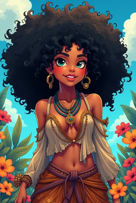  An anime-style male character with long Afro hair ,  bulky and round .  Her hair should be curly , with fluffy texture ,  and extend around his head in a perfectly symmetrical way .  She wears detailed bohemian clothing ,  with intricate patterns and acce...