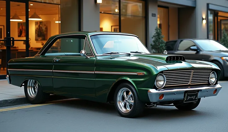 "Left-side view of painted Dark Olive Green Classic 1963 Ford Falcon, sleek in large shape with muscle car design in large size, featuring the Falcon logo on its detailed side grille in shiny white color with angular sporty design. The car is standing stat...