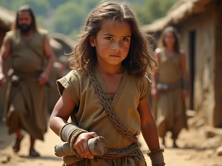 " A young Samson with long hair ,  wearing an earthy tunic typical of the region ,  plays to carry a small bundle of wood or stones .  His expression shows strength and determination as his parents proudly observe him from a distance, in a rustic village s...