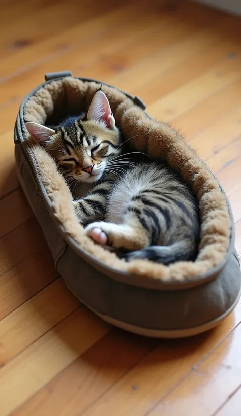  A fat kitten with a tigers fur pattern snuggles up inside a large shoe,  It looks very comfortable as if the shoe is a soft mattress .  The contrasting pattern of tiger fur is clearly visible on its body . The other shoe falls on the side ,  against the b...