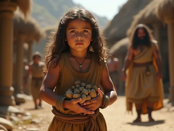 " A young Samson with long hair ,  wearing an earthy tunic typical of the region ,  plays to carry a small bundle of wood or stones .  His expression shows strength and determination as his parents proudly observe him from a distance, in a rustic village s...