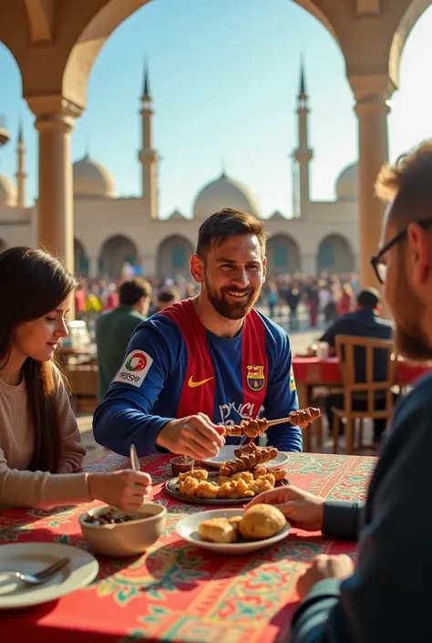 Here’s a refined idea for your image description in English:

"A world-famous footballer resembling Lionel Messi is sitting in an open-air Uzbek restaurant in Bukhara. The table is adorned with traditional Uzbek tableware and colorful patterns. He is holdi...