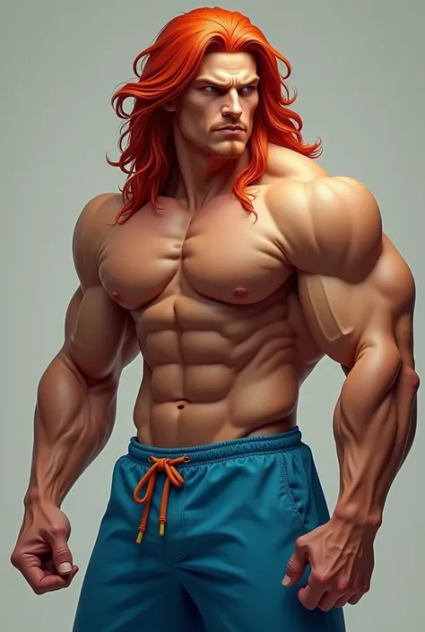  muscular body, Blue shorts, Red hair,  long hair, man