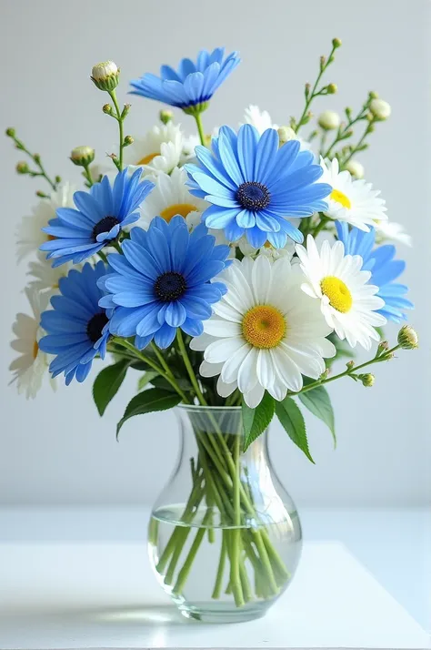 bouquet of blue cornflower and white chamomile in a vase